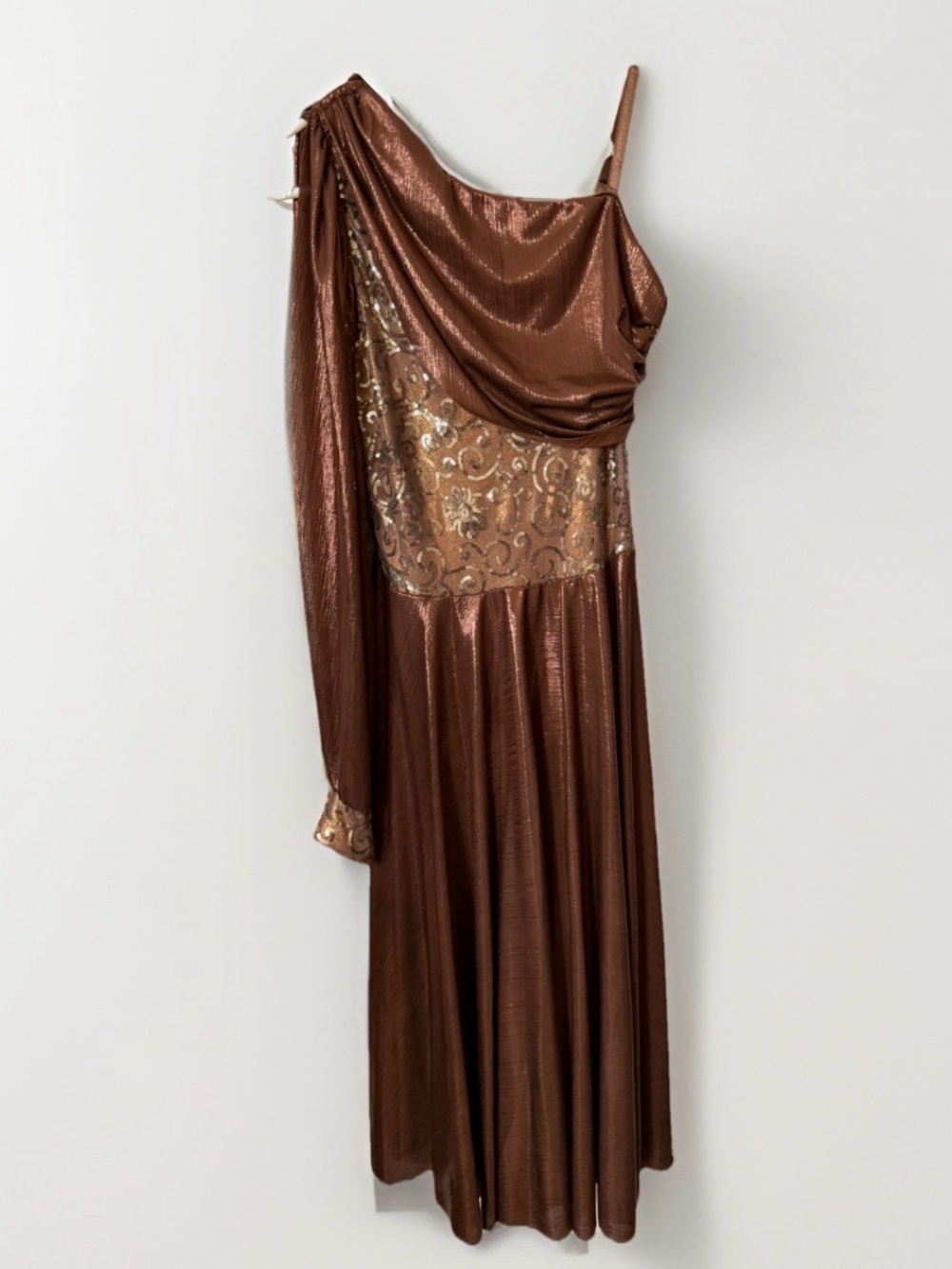 One-Shoulder Metallic Brown Evening Gown with Embellished Waist
